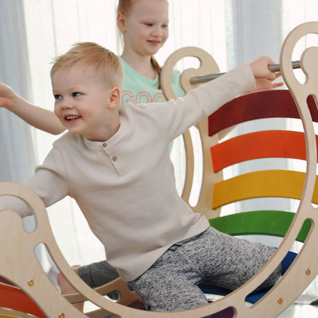 KateHaa XXL Waldorf Rocker van hout in regenboogkleuren Indoor Klimrek / Klimboog voor kinderen