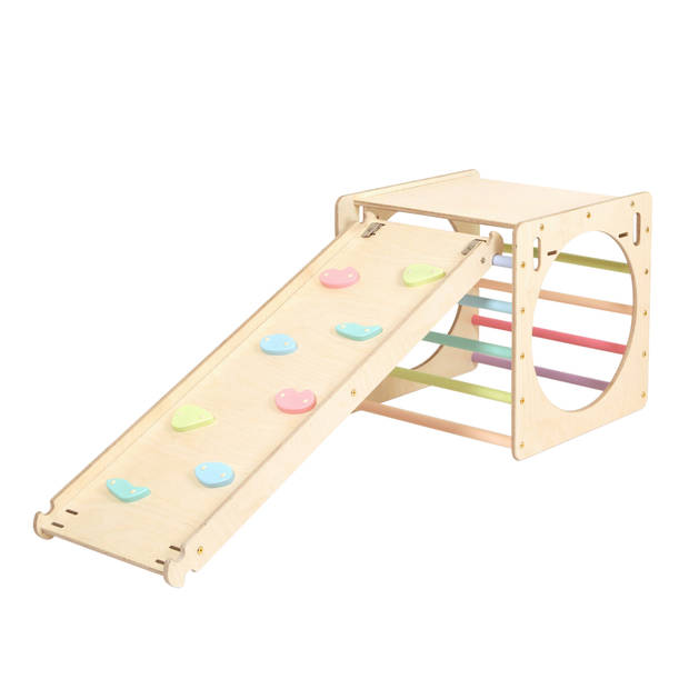 KateHaa Activiteiten Kubus met ladder & klimwand van hout in pastelkleuren Indoor Klimrek voor kinderen