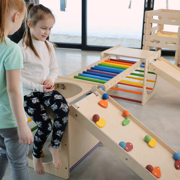 KateHaa Activiteiten Kubus met ladder & klimwand van hout in regenboogkleuren Indoor Klimrek voor kinderen