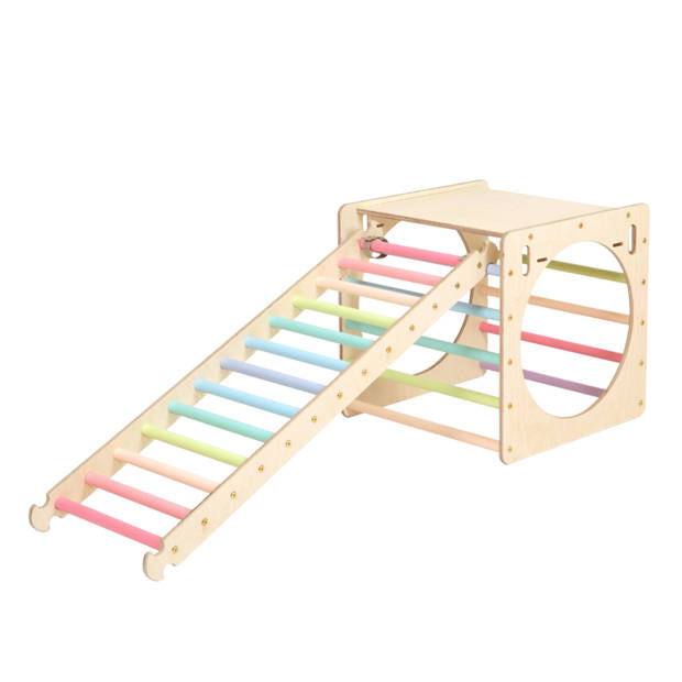 KateHaa Activiteiten Kubus met ladder & klimwand van hout in pastelkleuren Indoor Klimrek voor kinderen