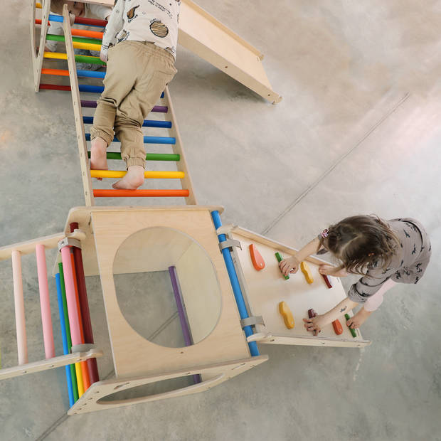 KateHaa Activiteiten Kubus met ladder van hout in regenboogkleuren Indoor Klimrek voor kinderen