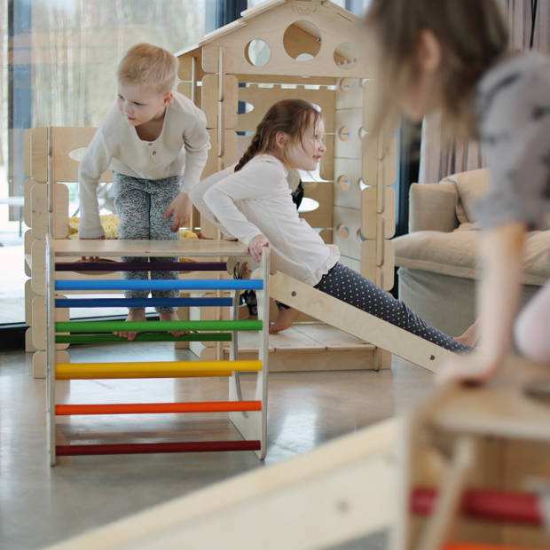 KateHaa Activiteiten Kubus met ladder van hout in regenboogkleuren Indoor Klimrek voor kinderen