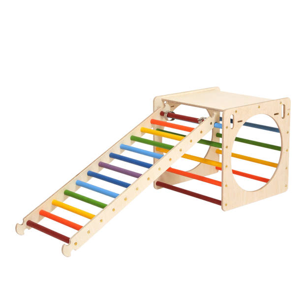 KateHaa Activiteiten Kubus met ladder & klimwand van hout in regenboogkleuren Indoor Klimrek voor kinderen