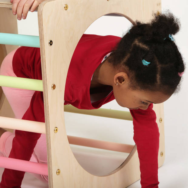KateHaa Activiteiten Kubus met klimwand van hout in pastelkleuren Indoor Klimrek voor kinderen