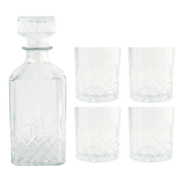 Orange85 Whiskey Karaf - 4 Glazen - 5- Delig - Transparant - 900/230 ml - Glas - Set