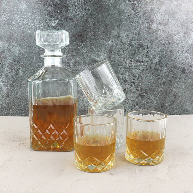 Orange85 Whiskey Karaf - 4 Glazen - 5- Delig - Transparant - 900/230 ml - Glas - Set