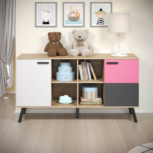 MatsColor kinder commode 2 deuren, 4 planken, beuken decor.