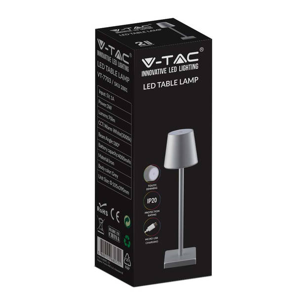 V-TAC VT-7703-G Oplaadbare grijze tafellamp - bureaulamp - IP20 - 3W - 80 Lumen - 4000K