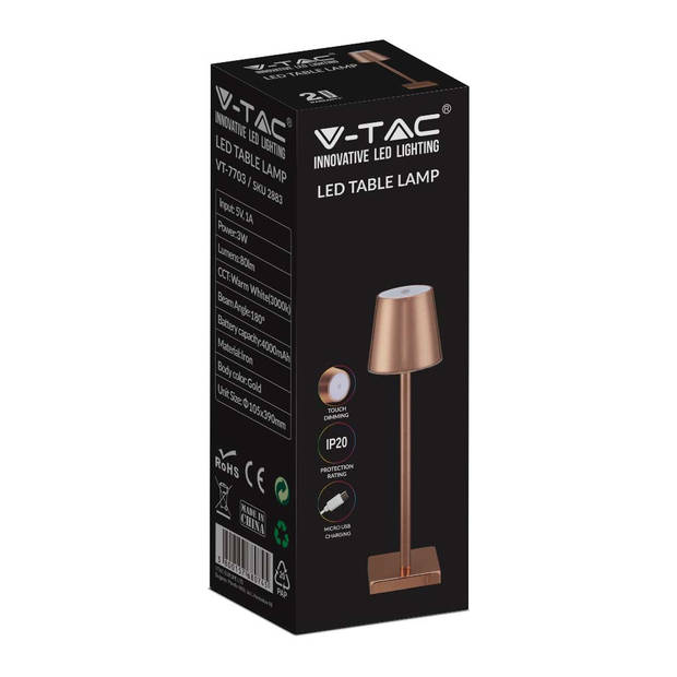 V-TAC VT-7703-GD Oplaadbare gouden tafellamp - bureaulamp - IP20 - 3W - 90 Lumen - 4000K