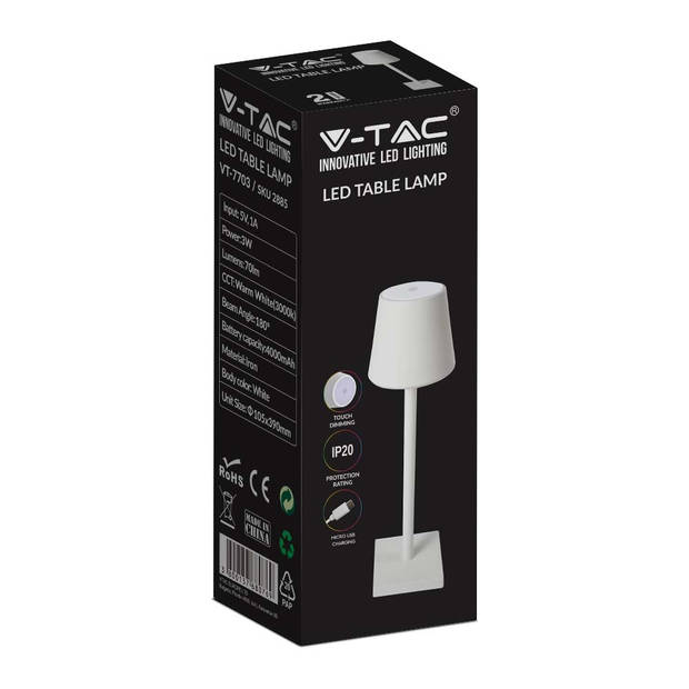 V-TAC VT-7703-W Oplaadbare witte tafellamp - bureaulamp - IP20 - 3W - 80 Lumen - 4000K