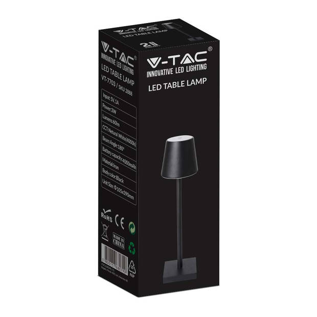 V-TAC VT-7703-B Oplaadbare zwarte tafellamp - bureaulamp - IP20 - 3W - 60 Lumen - 4000K
