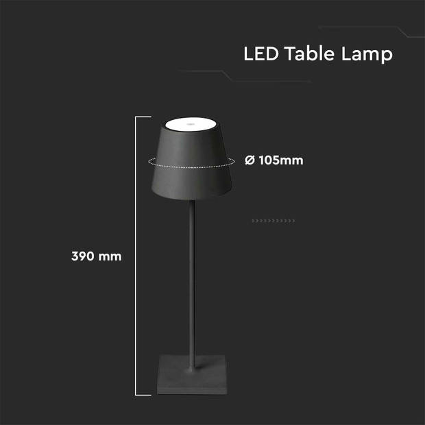 V-TAC VT-7703-B Oplaadbare zwarte tafellamp - bureaulamp - IP20 - 3W - 60 Lumen - 4000K