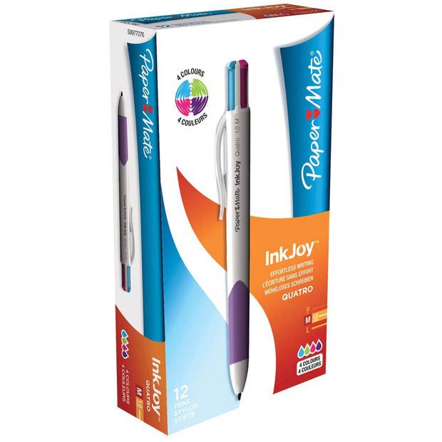 Paper Mate Inkjoy Quatro Fun 4-kleurenbalpen, medium, pastel inktkleuren 12 stuks