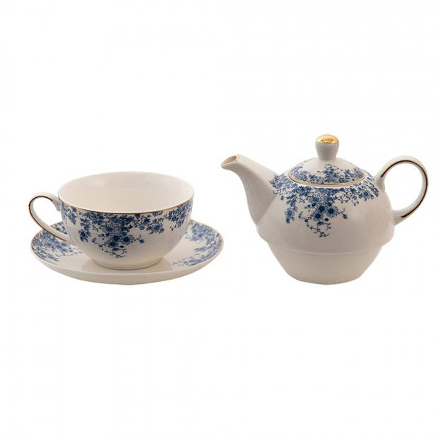 Clayre & Eef Tea for One 400 ml Blauw Porselein Bloemen Theepot set Blauw Theepot set