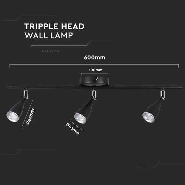 V-TAC VT-813-B-N LED plafondlamp met 3 spots - IP20 - Zwart - 13.5W - 1260 Lumen - 3000K