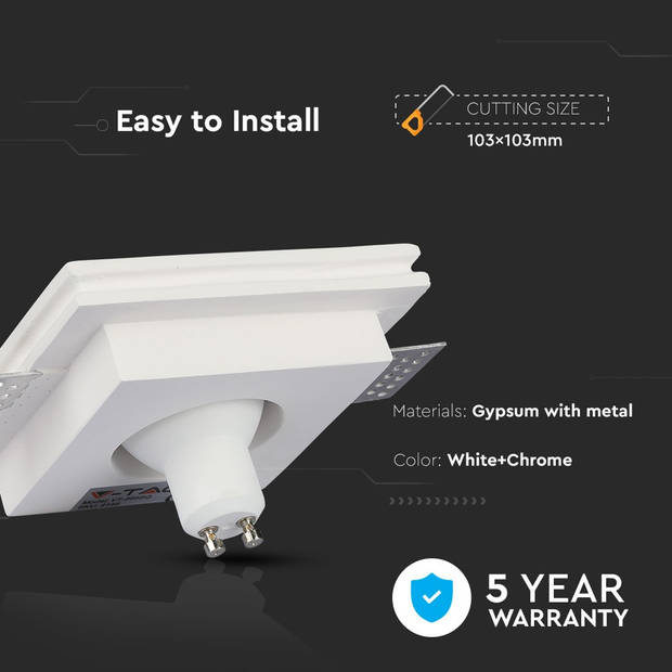V-TAC VT-866-SQ-C LED-spots - Inbouwarmatuur - GU10 - IP20 - Wit+Chroom - 5 jaar - Modelnr: - VT-866-SQ-C