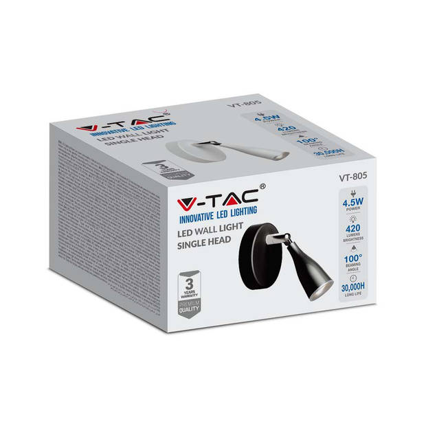V-TAC VT-805-B-N LED plafondlamp met spot - Zwart - IP20 - 4.5W - 420 Lumen - 3000K