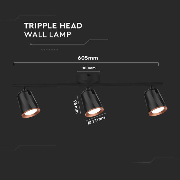 V-TAC VT-818-B-N LED plafondlamp met 3 spots - Zwart - IP20 - 15W - 1620 Lumen - 3000K