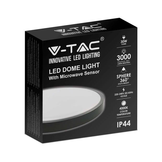 V-TAC VT-8630S-B-RD LED ronde koepellampen met sensor - Zwart - 420mm - IP44 - 30W - 3000 Lumen - 4000K