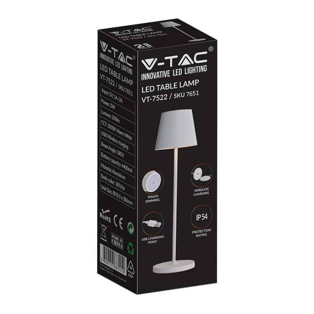 V-TAC VT-7522-W Draadloze oplaadbare tafellamp - IP54 - 2W - 200 Lumen - 3000K