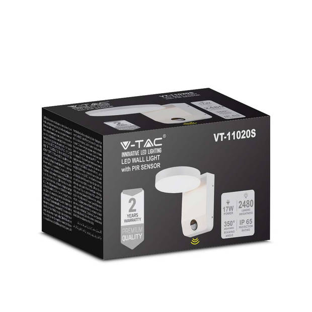 V-TAC VT-11020S-RD-W Draaibare LED wandlamp met Sensor - IP65 - Wit - 17W - 2480 Lumen - 3000K