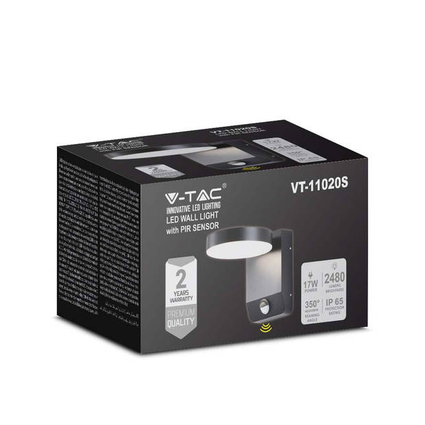 V-TAC VT-11020S-RD-B Draaibare LED wandlamp met Sensor - IP65 - Zwart -17W - 2520 Lumen - 4000K