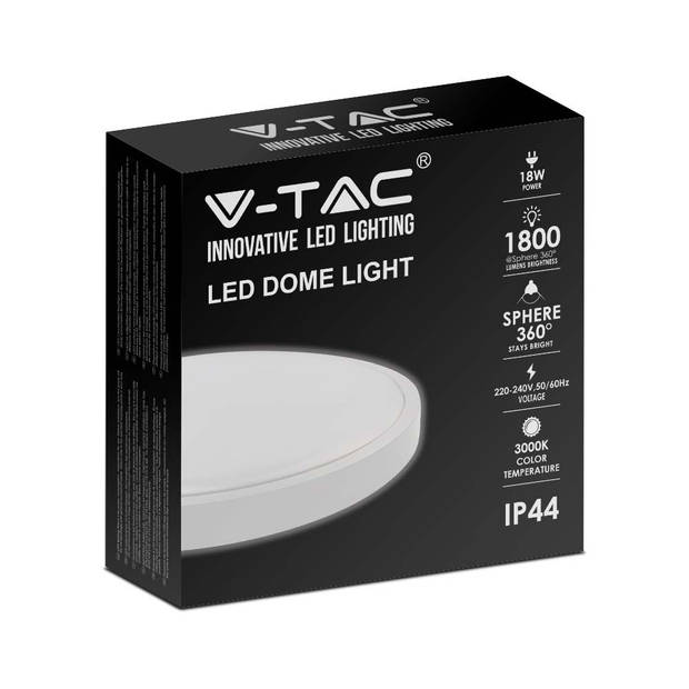 V-TAC VT-8618W-RD LED ronde plafonnière - 225mm - IP44 - Wit - 18W - 1800 Lumen - 6500K
