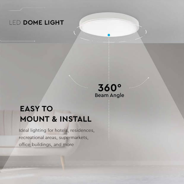 V-TAC VT-8618W-RD LED ronde plafonnière - 225mm - IP44 - Wit - 18W - 1800 Lumen - 6500K