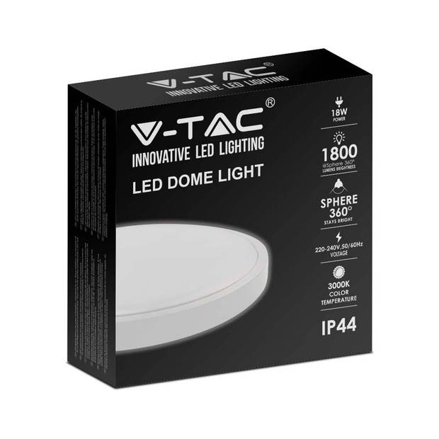 V-TAC VT-8618W-RD LED ronde plafonnière - 225mm - IP44 - Wit - 18W - 1800 Lumen - 4000K