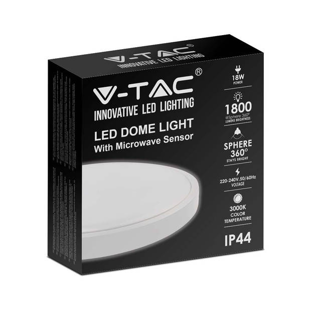 V-TAC VT-8618S-W-RD LED ronde plafonnière met sensor - 225mm - IP44 - Wit - 18W - 1800 Lumen - 4000K