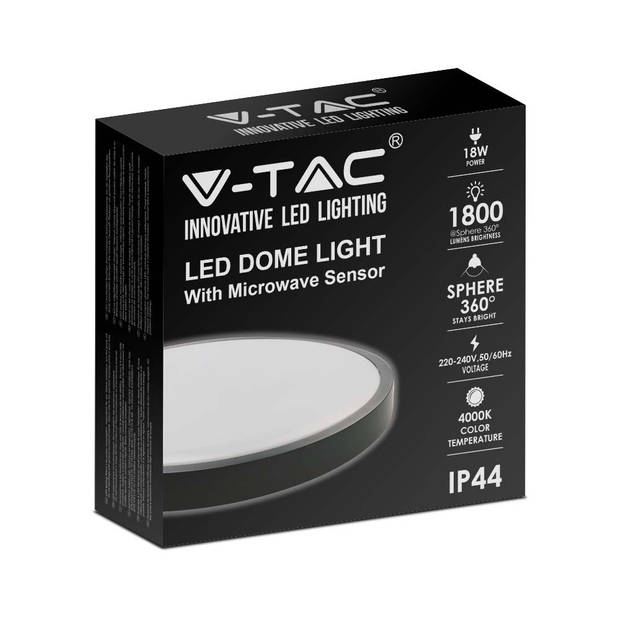 V-TAC VT-8618S-B-RD LED ronde plafonnière met sensor - Zwart - 225mm - IP44 - 18W - 1800 Lumen - 4000K