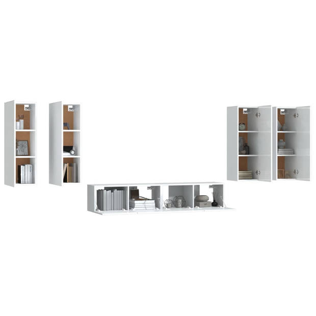 The Living Store TV-meubelset - hoogglanzend wit - 2x 80 x 30 x 30 cm en 4x 30.5 x 30 x 90 cm - bewerkt hout -
