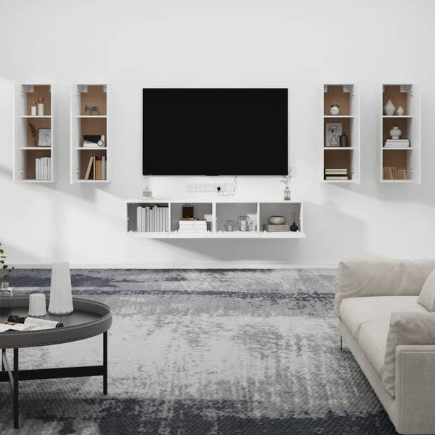 The Living Store TV-meubelset - hoogglanzend wit - 2x 80 x 30 x 30 cm en 4x 30.5 x 30 x 90 cm - bewerkt hout -