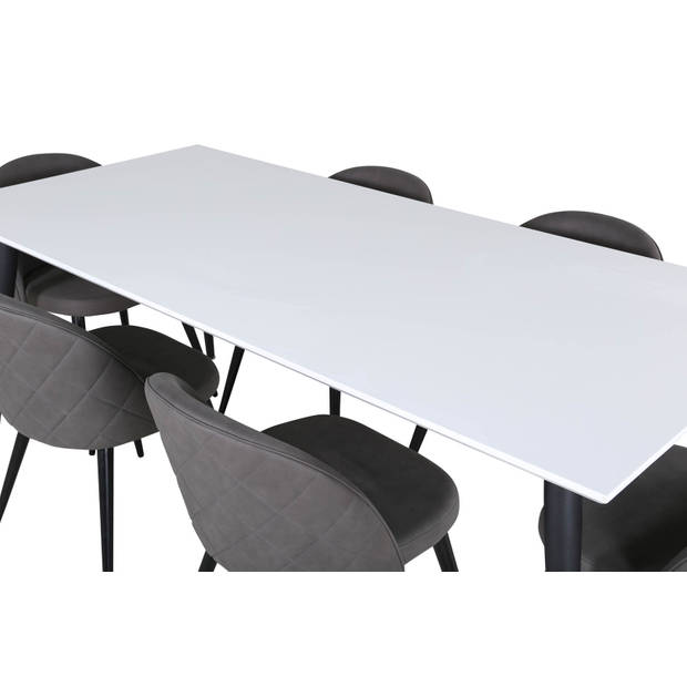 Jimmy195 eethoek eetkamertafel uitschuifbare tafel lengte cm 195 / 285 wit en 6 Velvet Stitches eetkamerstal grijs.