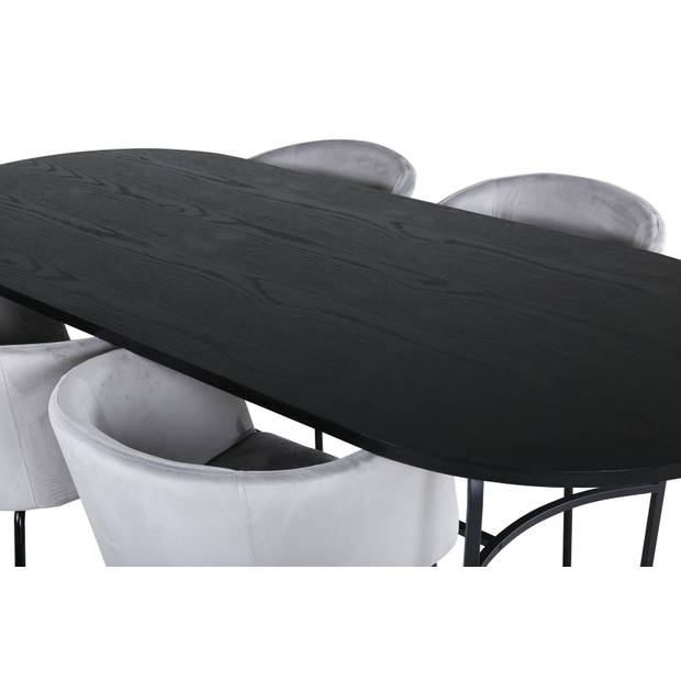 Skate eethoek eetkamertafel zwart en 4 Berit eetkamerstal velours grijs.