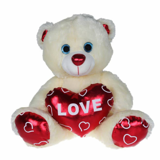 Pluche knuffelbeer met wit/rood Valentijn Love hartje 20 cm - Knuffelberen