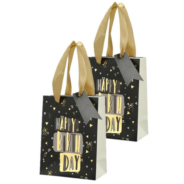 Set van 4x stuks papieren verjaardag giftbags/cadeau tasjes Happy Birthday zwart 11 x 14 x 6 cm - cadeautasjes