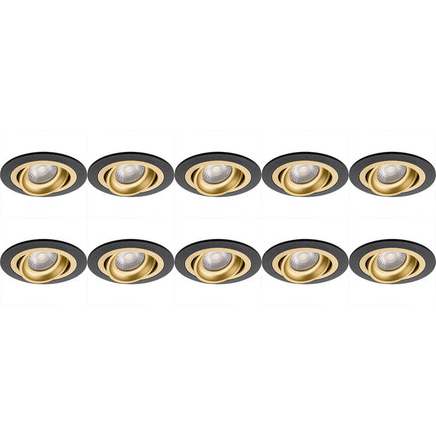 Spot Armatuur 10 Pack - Pragmi Alpin Pro - GU10 Inbouwspot - Rond - Zwart/Goud - Aluminium - Kantelbaar - Ø92mm