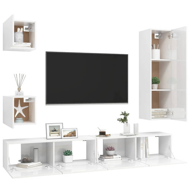 The Living Store tv-meubelset Grote - Hoogglans wit - Spaanplaat - Montage vereist - B-30.5 x D-30 x H-110cm - 2x B-100