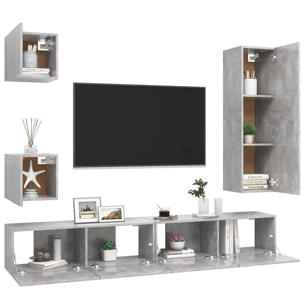 The Living Store TV-meubelset - Betongrijs - Spaanplaat - Montage vereist - 1x 30.5x30x110cm - 2x 100x30x30cm - 2x