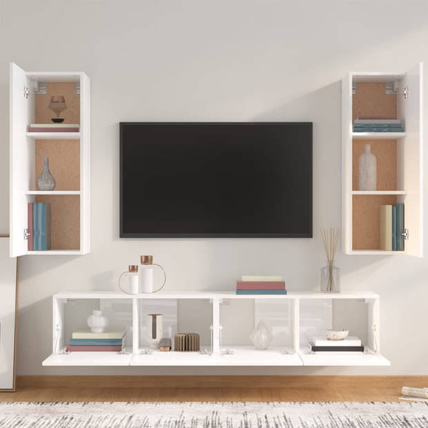 The Living Store Klassieke Televisiekastenset - Hoogglans Wit - 2x 80 x 30 x 30 cm - 2x 30.5 x 30 x 90 cm