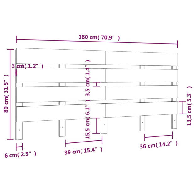 vidaXL Hoofdbord 180x3x80 cm massief grenenhout wit