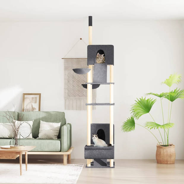 The Living Store Kattentoren Alles-in-één - Donkergrijs - 48 x 91 x (277-303) cm - Hout - Pluche - Sisal