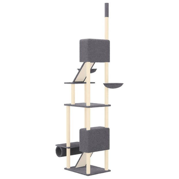 The Living Store Kattentoren Alles-in-één - Donkergrijs - 48 x 91 x (277-303) cm - Hout - Pluche - Sisal