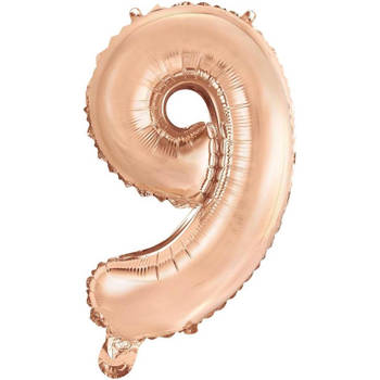 Folie Ballon Cijfer 9 Rosé Goud 41 cm met rietje