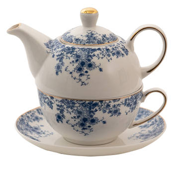 Clayre & Eef Tea for One 400 ml Blauw Porselein Bloemen Theepot set Blauw Theepot set