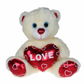 Pluche knuffelbeer met wit/rood Valentijn Love hartje 80 cm - Knuffelberen