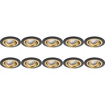 Spot Armatuur 10 Pack - Pragmi Alpin Pro - GU10 Inbouwspot - Rond - Zwart/Goud - Aluminium - Kantelbaar - Ø92mm