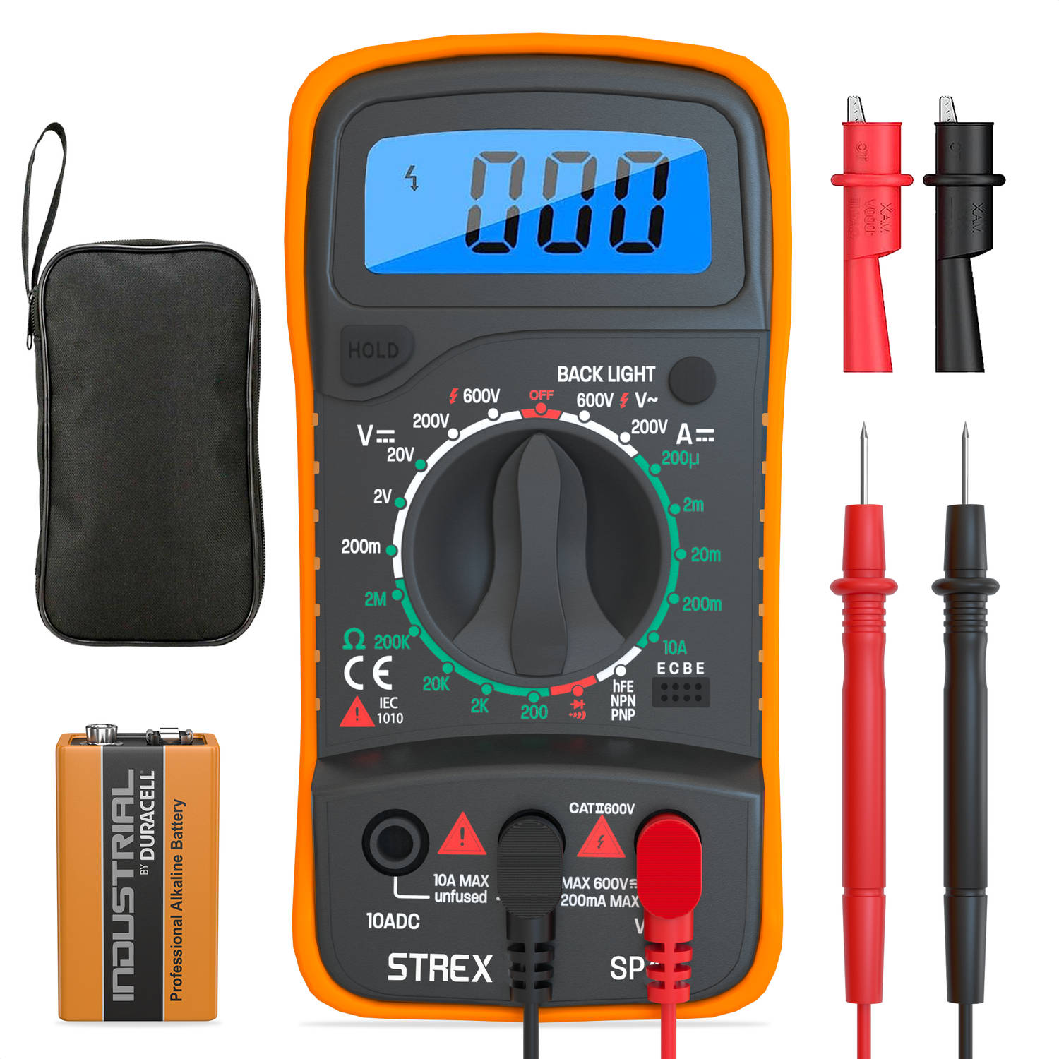 Strex Digitale Multimeter Ac-Dc Incl. 9v Duracell Batterij, Klemtangen & Opberghoes Multi Meter
