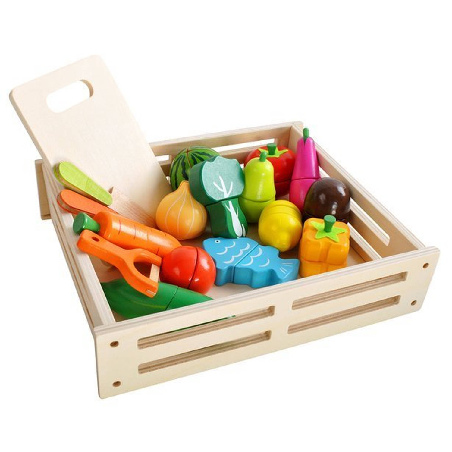 Kruzzel 17 delige houten speelgoedvoedsel groente en fruit in krat met accessoires